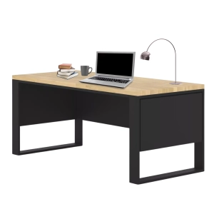 Biurko z Drewna Dębowego Stalowy Stelaż z Blendami Czarnymi